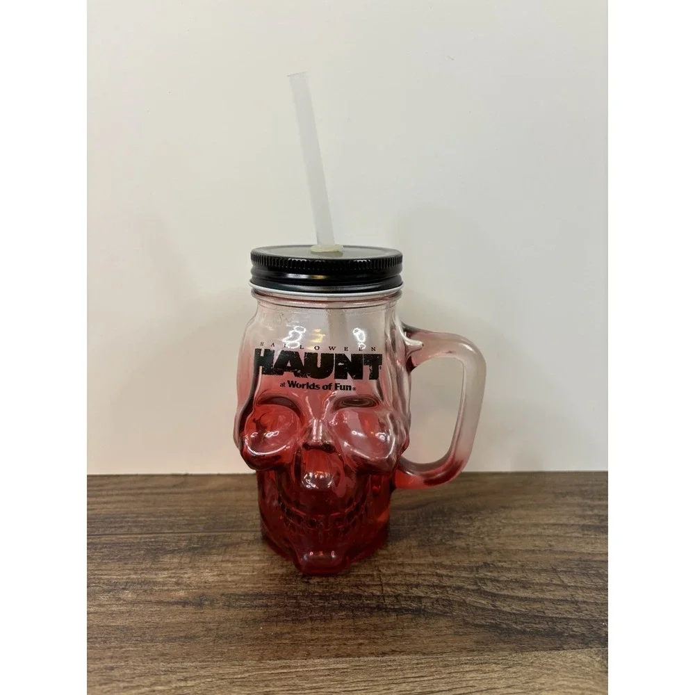 Worlds Of Fun Amusement Park Halloween Haunt Skull Glass Tumbler With Straw